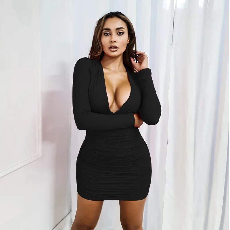 Women's suspender dress with deep V-neck solid color tight fitting mini skirt long sleeved pleats women's nightclub dress