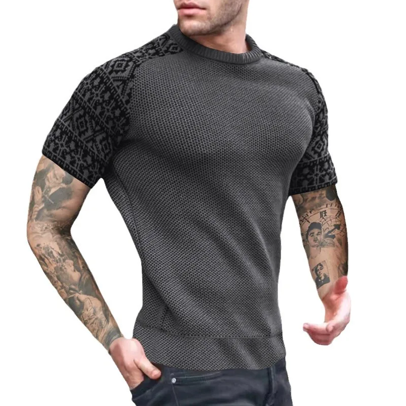 High Quality 2024 Spring/Summer New Men's Round Neck Pullover Colored Waffle Short Sleeved Top for Foreign Trade