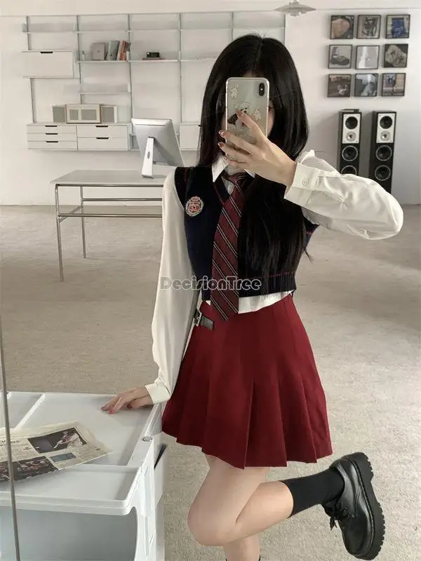 2024 autumn new Japan women fashion korea school jk uniform improved school uniform knitted vest skirt three piece set a706