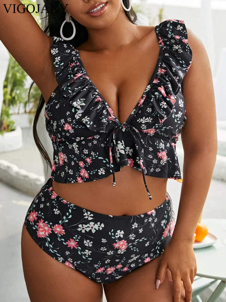 VigoJany 2025 Print Verge Strapped 2-częściowe bikini Plus Size Kobiety Push Up Duży kostium kąpielowy Wysoka talia Plaża Chubby Strój kąpielowy