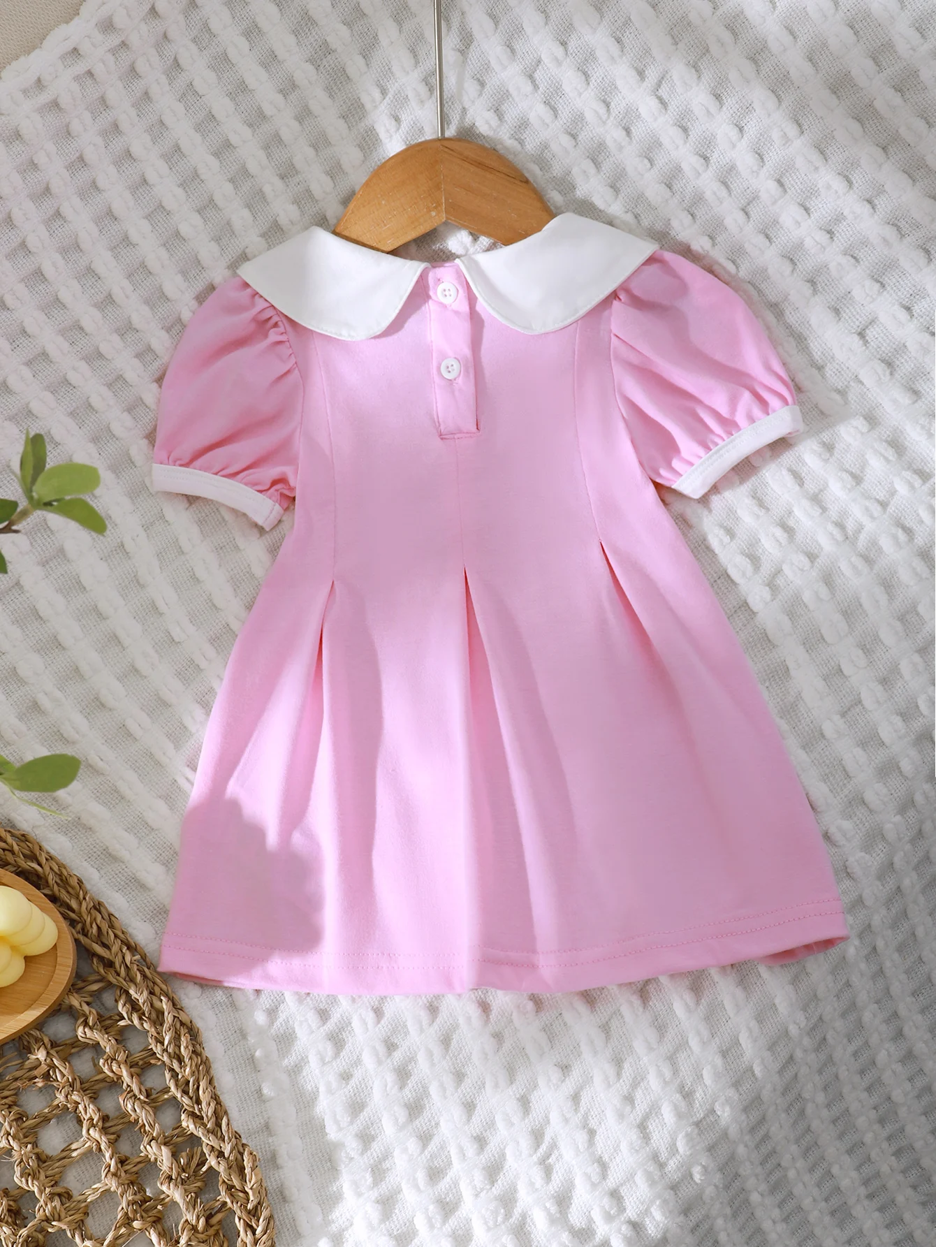 3-36M Sweet And Cute Pink BabyGirl Dress Doll Collar Short Sleeve Waist Lady A-Line Skirt Personality Cartoon Pencil Print Skirt