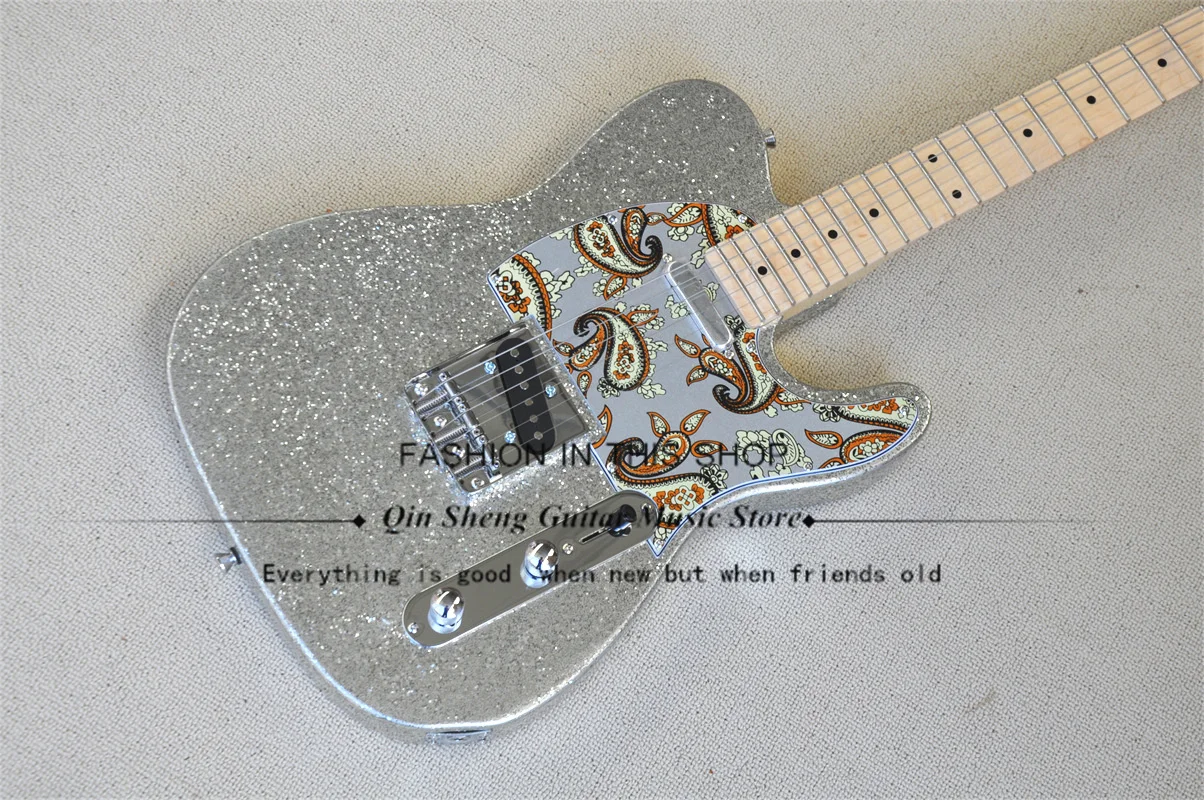 6 String Electric Guitar,Silver Powder Large Particles Body Maple Neck Abstract board maple fingerboar chrome button