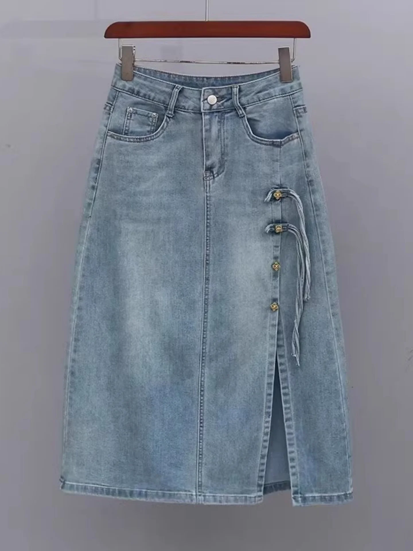 

Юбка А-силуэта с высокой талией женская, весна-лето, тонкая, новая модель, с разрезом, средней длины, джинсовая, стройнящая