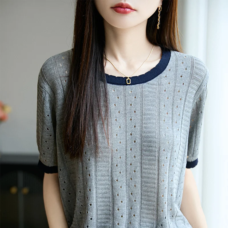 ฤดูร้อนคลาสสิกถักผู้หญิงเสื้อสวมหัวรอบคอเสื้อแขนสั้นนุ่มระบายอากาศได้คุณภาพสูงแฟชั่นยอดนิยม