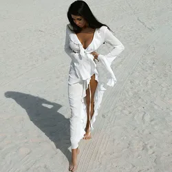 Apprabant Beach Flanged V-neck Cardigan Dresses Long Sleeve Lace Up Loose Bikini Vacation Solid Color Sunscreen Cover Vestiodo