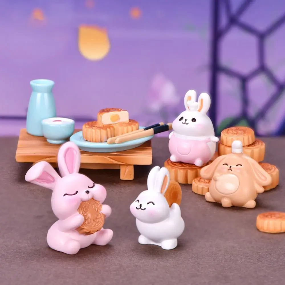 Creative Cartoon Rabbit Figurines Miniatures Cute Mini Resin Mooncake Desk Model Micro Landscape Ornament for Home Decoration