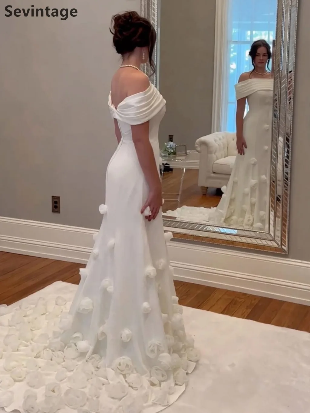 `Sevintage 2026 Off The Shoulder Satin Mermaid Wedding Dress 3D Handmade Floral Appliques Bridal Gown Customized`