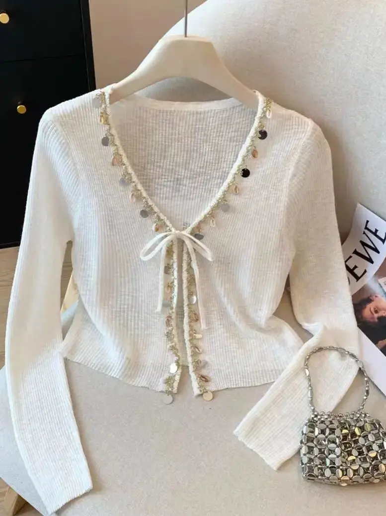 

Spring Summer 2026 Luxury Sparking Sequins Knitwear Short Cardigan Women Heavy Industry Sweet Chic Sweater Outwear Coat Top