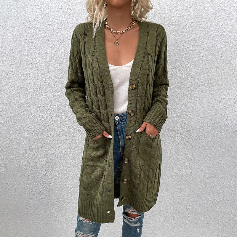 Sweater Women 2024 Fashion Knitwear Autumn Winter Solid Color Long Twist Print New Button Long Cardigan Women MMYZ107261