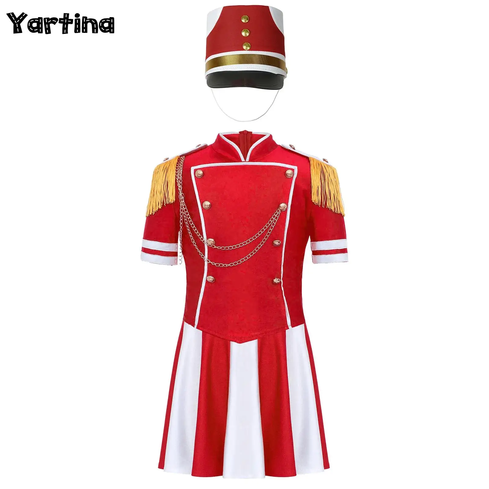 

Girls Drum Majorette Uniform Circus Cosplay Costume Epaulette Tassels Marching Band Drummer Team Uniform Top with Skirt And Hat