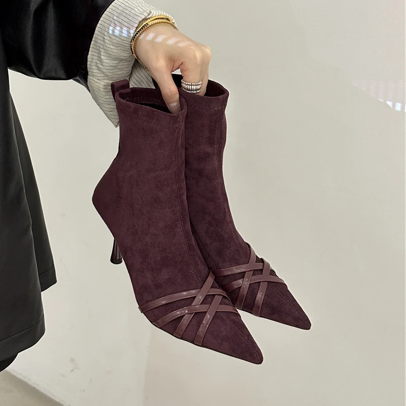 

SUOJIALUN 2025 New Brand Women Ankle Boots Fashion Pointed Toe Ladies Elegant Short Boots Thin High Heel Dress Chelsea Pumps