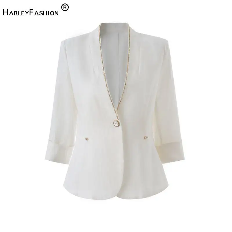 2026 Summer Lady Office Casual Wear Rhinestone V-neck Single Button Three Quarter Sleeve Solid Blazer for Women