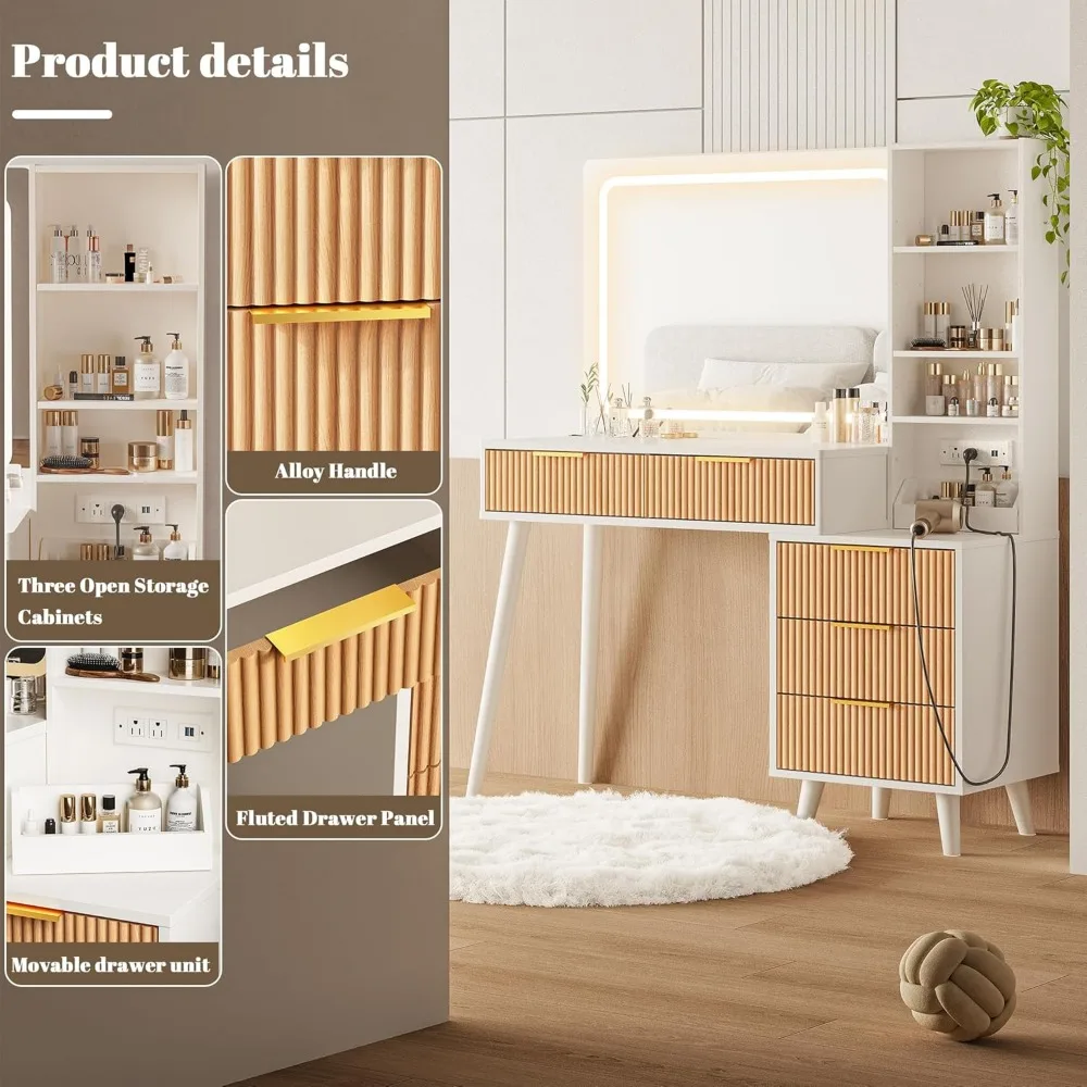 مكتب زينة بزاوية 44 بوصة مع مرآة وأضواء، مكتب زينة للمكياج مع مخرج طاقة، مكتب مكياج مع 5 أدراج وأرفف تخزين، زينة #5