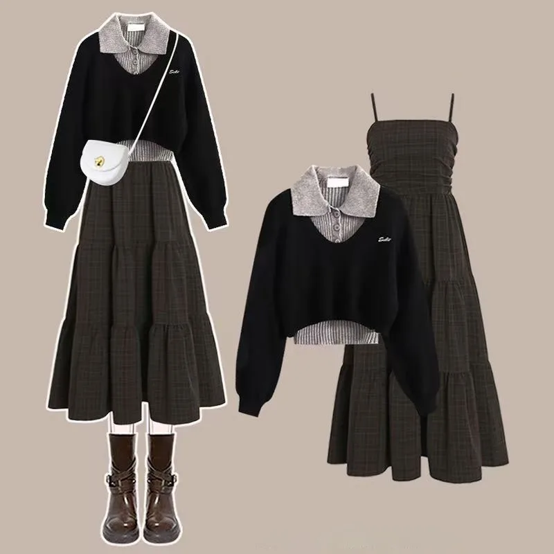 

Korean Women's Autumn Knitted Base Sweater Cover Paired with a Slimming Camisole Dress Sweater Matching Sets 3 Piece Sets