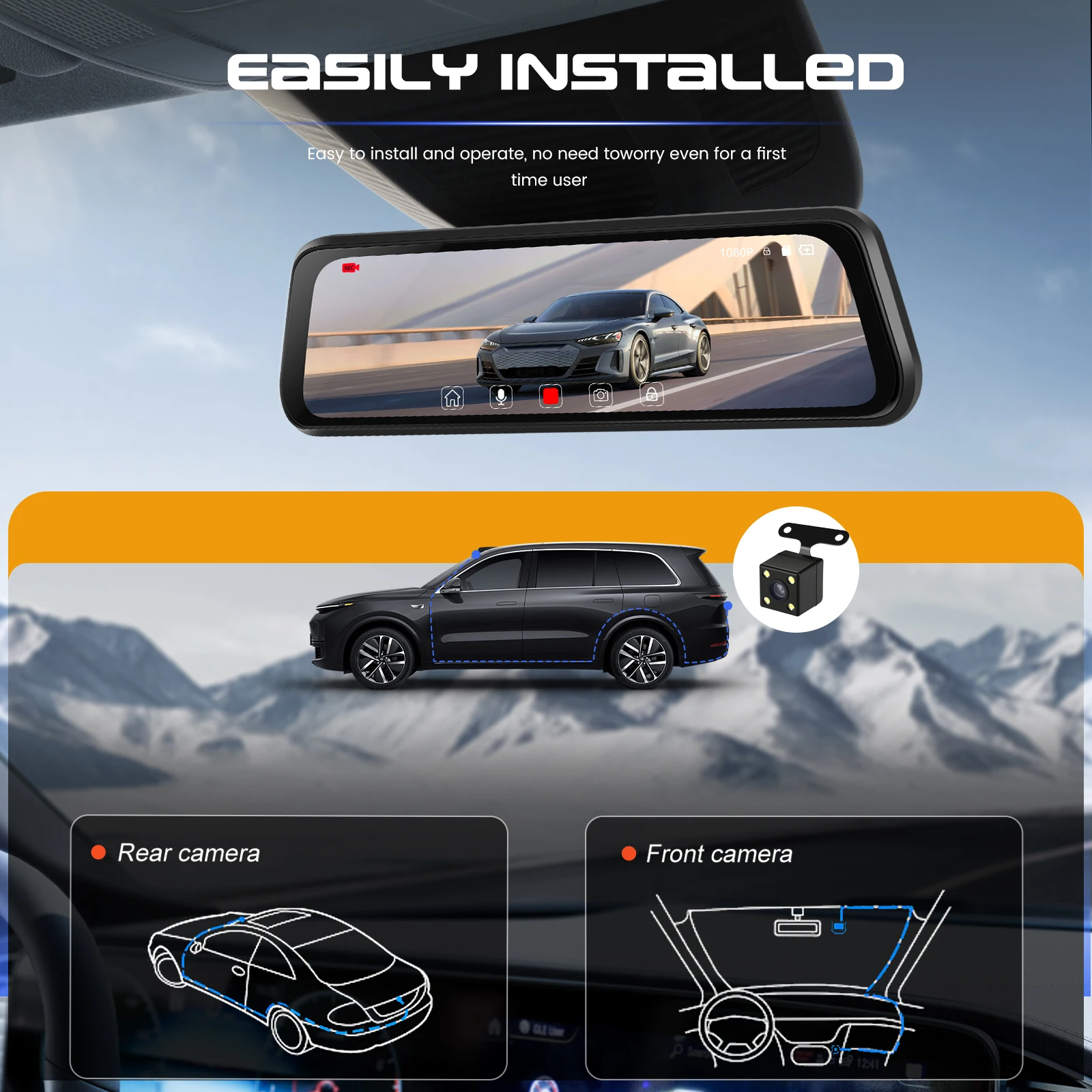 Podofo 9,66'' Dashcam 1080P Dual-Objektiv Auto-DVR Mehrsprachiger Auto-Videorekorder mit 480P Rückfahrkamera 150° ° Breiter Betrachtungswinkel – Detail 3