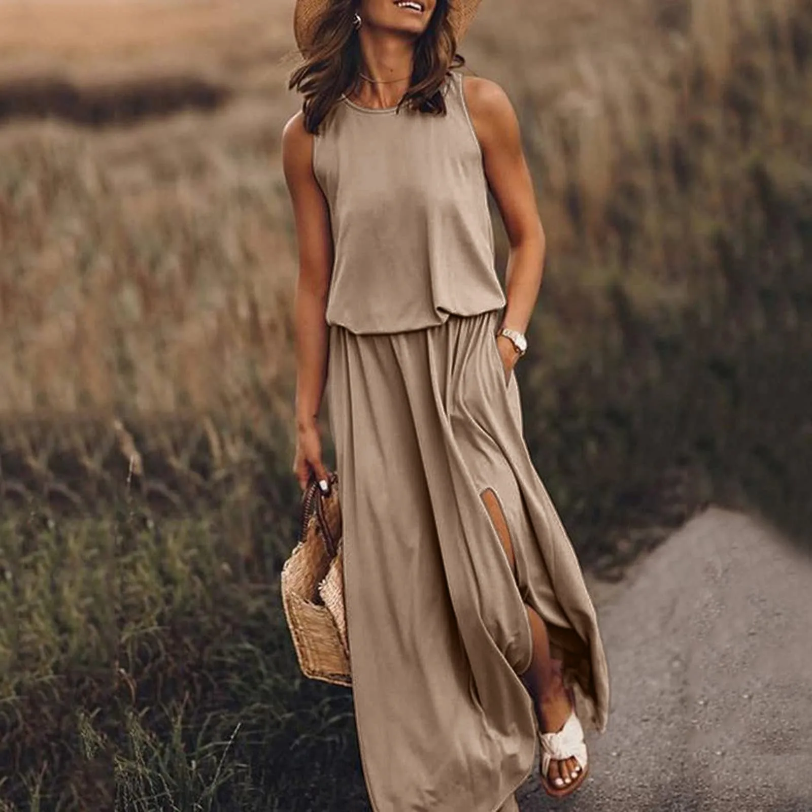 

Women Summer Dress Sleeveless Round Neck Maxi Long Dresses Solid Fork Opening Chic Vestidos Para Mujer Sexy Robe Elegant