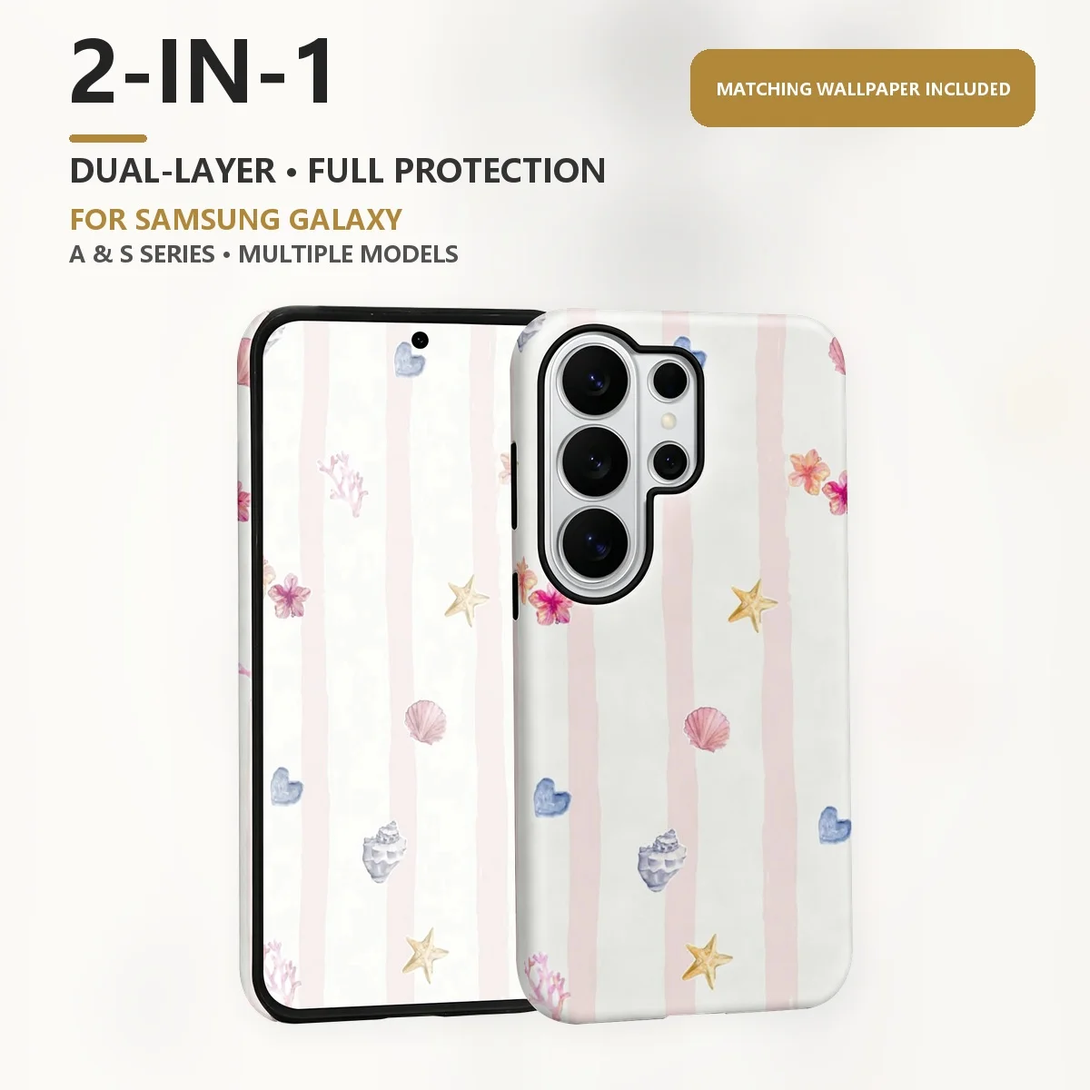 Watercolor Seashells And Stars 2-in-1 Dual-Layer Phone Case for Samsung Galaxy S26 S25 S24 Plus Ultra FE S20 FE A56 A17 A16 A15
