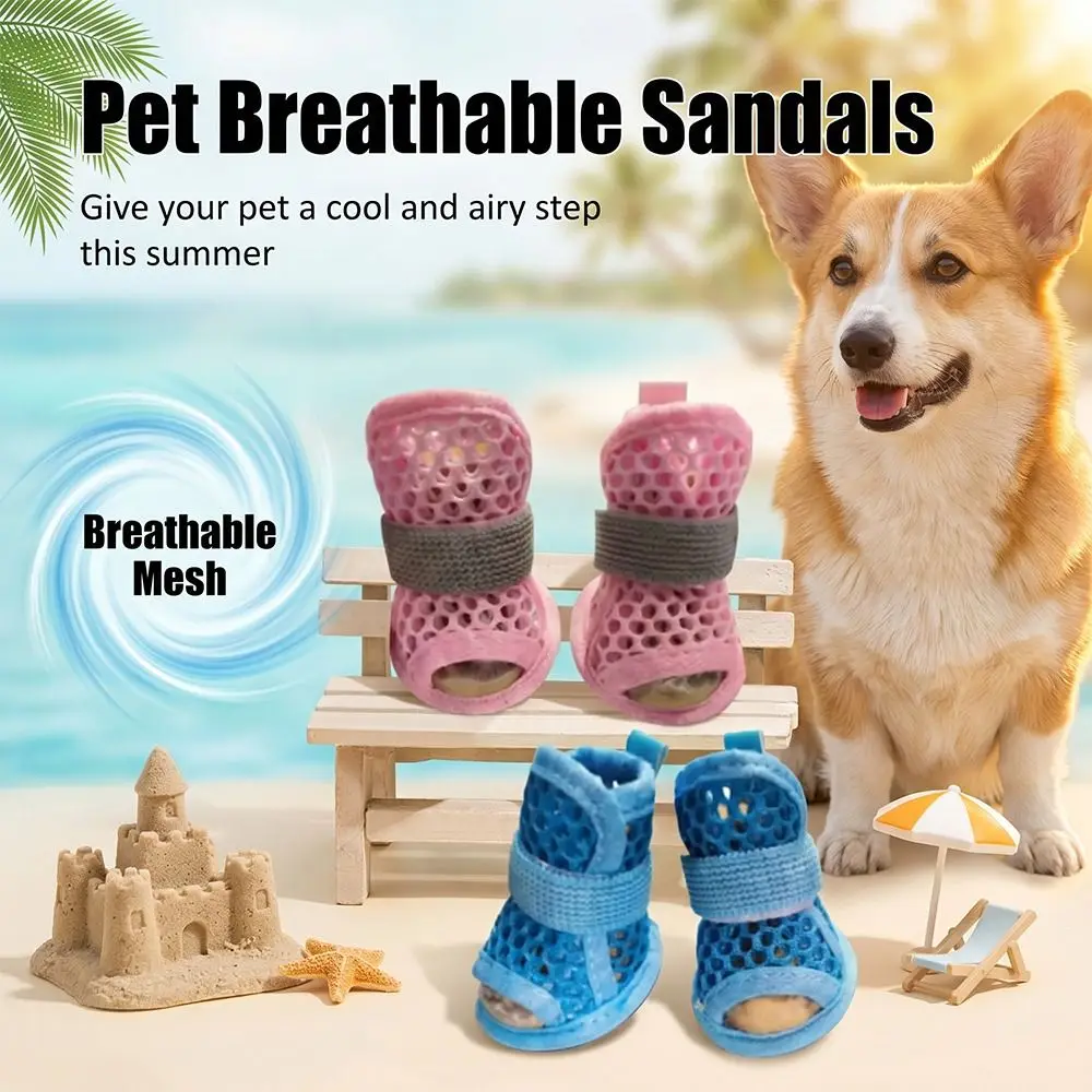 4Pcs Cute Mesh Dog Shoes Non-slip Soft-sole Pet Sandals Elastic Strap Wear-resistant Dog Foot Cover Summer