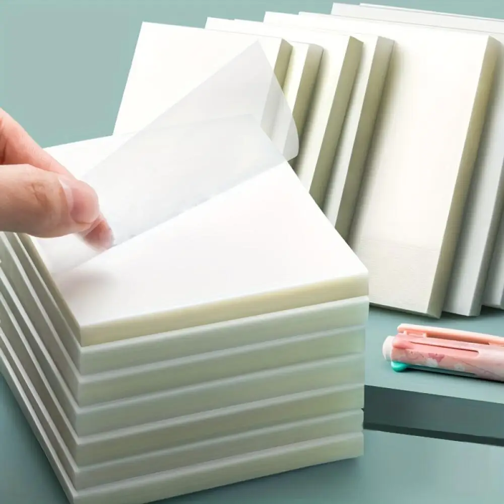 Three sets of 150 translucent sticky notes that are see-through and feature self-adhesive pads suitable for study books.