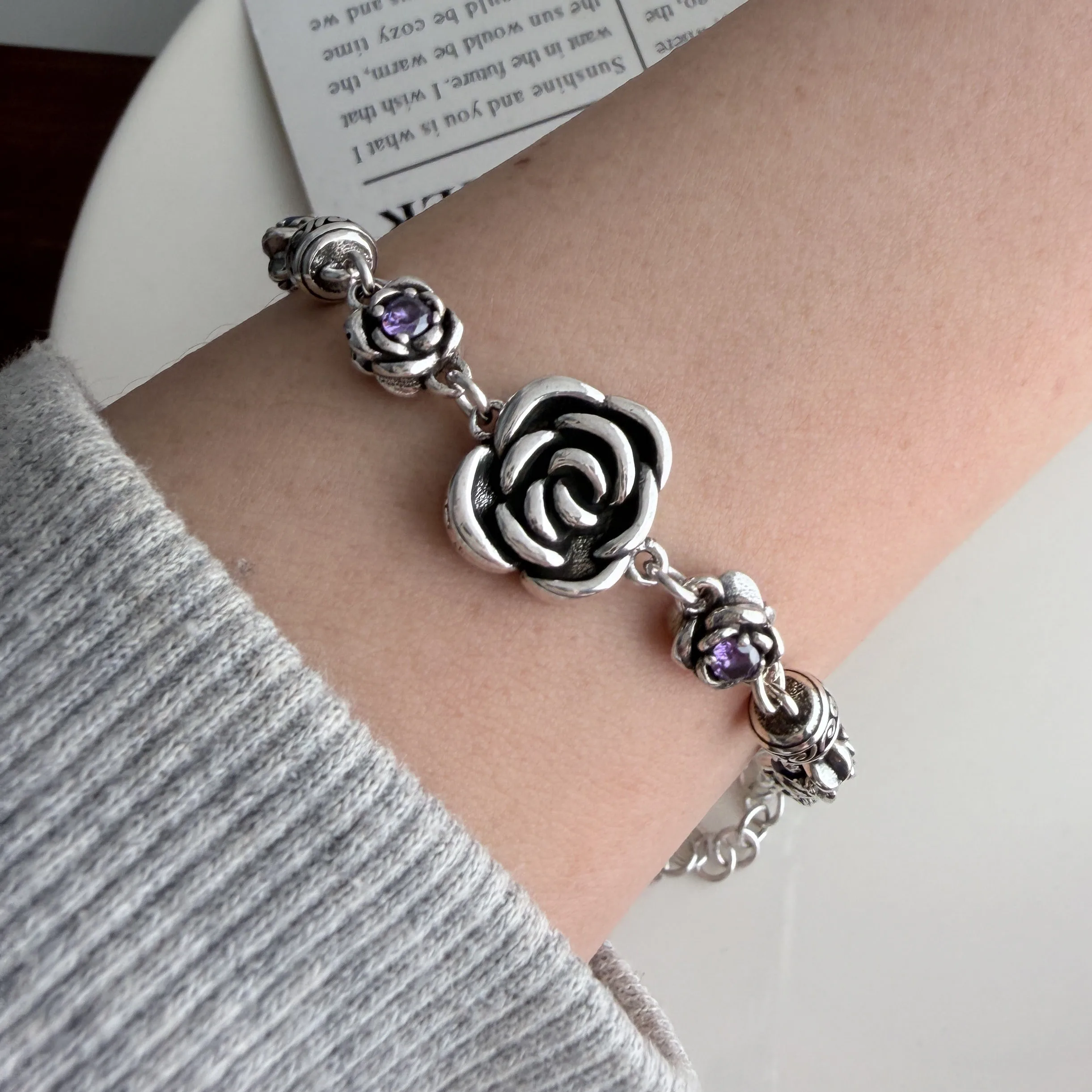 925 Sterling Silver Bracelets for Women Men String Accessories Retro Rose CZ Pattern Pendant Party Jewelry Gift