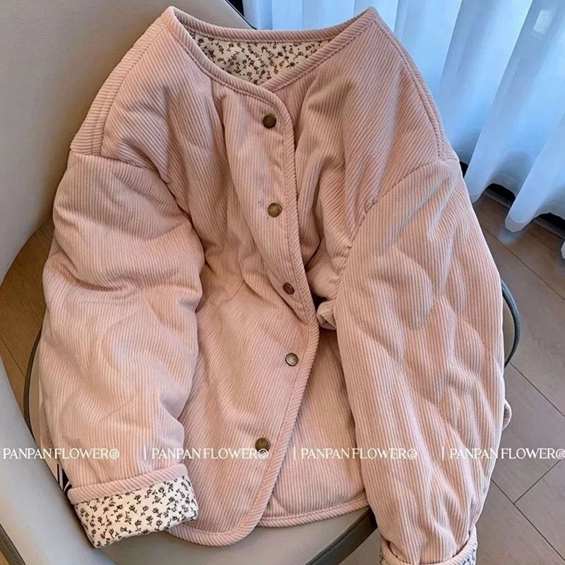 Warm Pink Women Corduroy Jacket Collarless Snap Button Padded Coat Floral Lining Thick Winter Outerwear Top