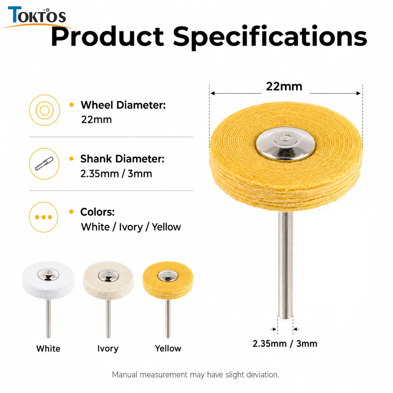 22mm Cloth Polishing Wheel 2.35mm 3mm Shank White Yellow Ivory Mounted Buffing Wheels for Jewelry Metal Finishing