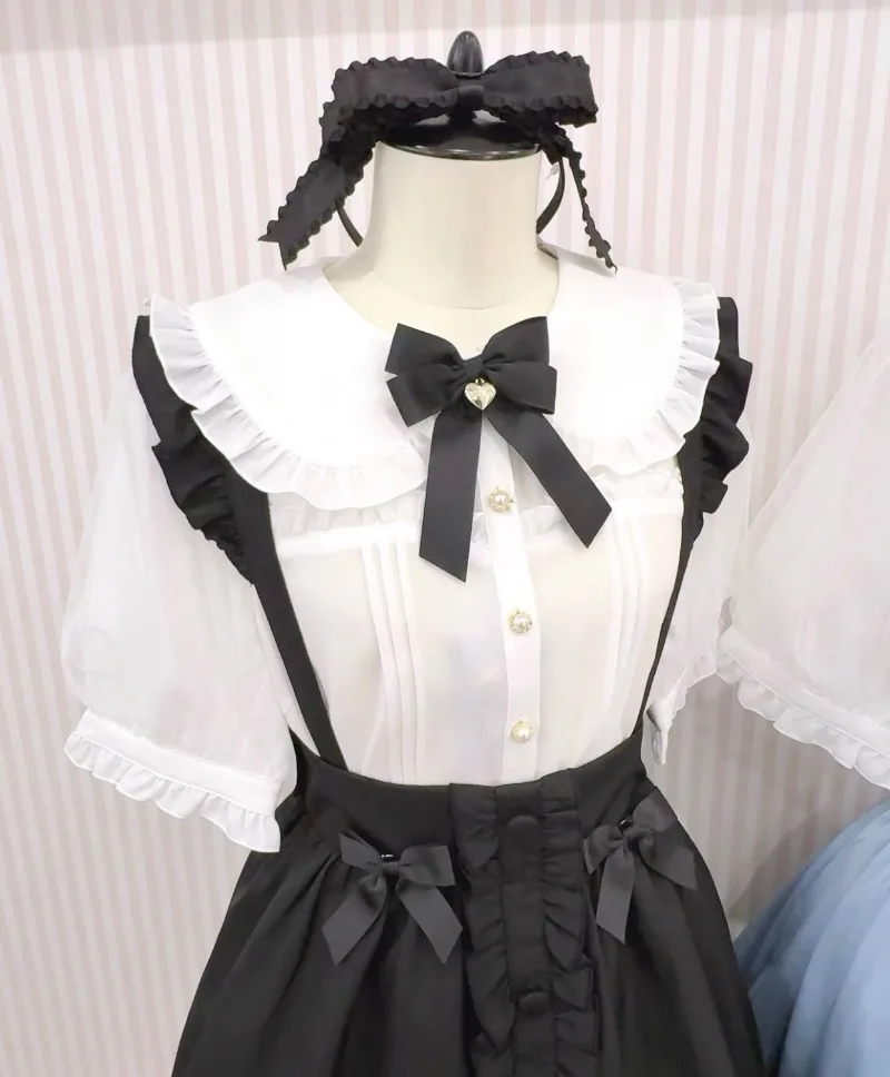 Japanese Lolita Sweet And Cute Style Bow Ruffle Edge Strap Skirt Bow Top Single-breasted Short Sleeves Shirt Women's Clothing