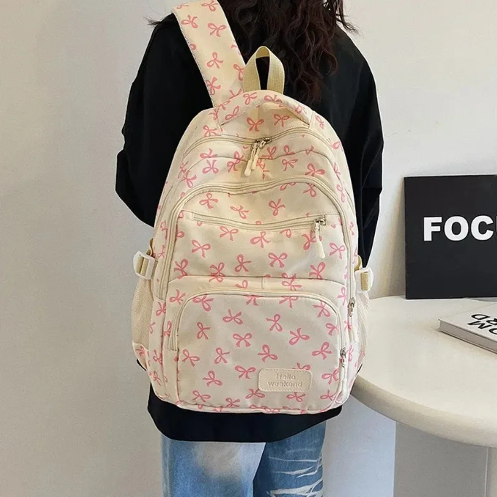 3 Pcs/Set Cute Large Capacity Bow Backpack Bow Print Nylon School Bag Adjustable Strap Travel Backpack