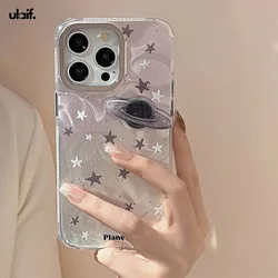 3D Saturn Stars Wave Phone Case for iPhone 15 Pro Max Plus 14 13 12 Glitter Cool Phone Protective Cover