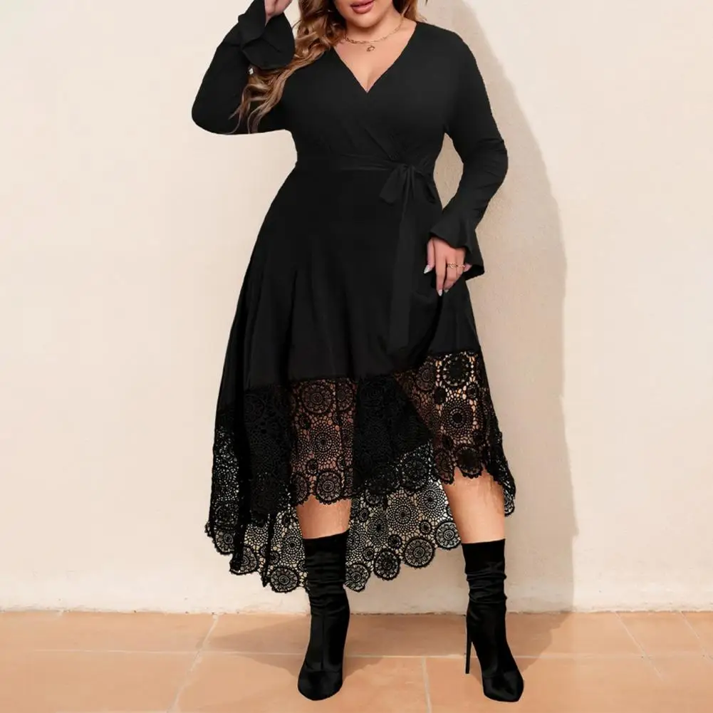Vestido de encaje de manga larga Vestido elegante de talla grande de encaje negro con cuello en V y mangas largas dobladillo alto y bajo bordado para mujer especial