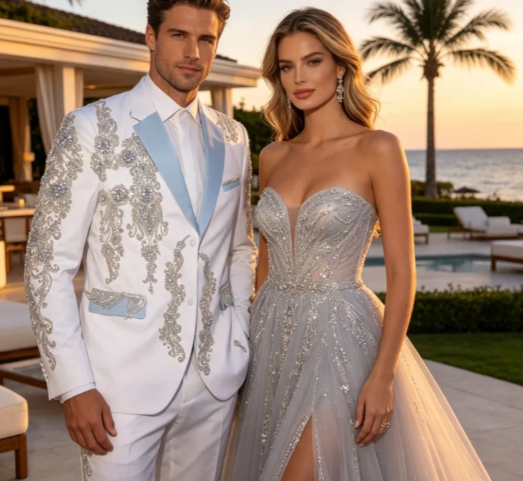 Gorgeous Rhinestone Groom Wedding Tuxedos Customized Slim Fit Notched Lapel Men Suits 2 Pieces Sets Prom trajes para hombre