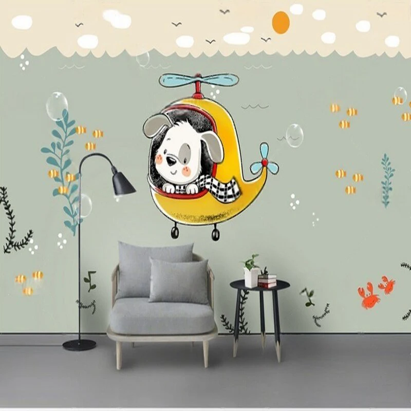 Modern Minimalist Colorful Hand-Drawn Children's Plant Underwater Animal Cartoon Airplane Children's Room Wall Sticker Mural