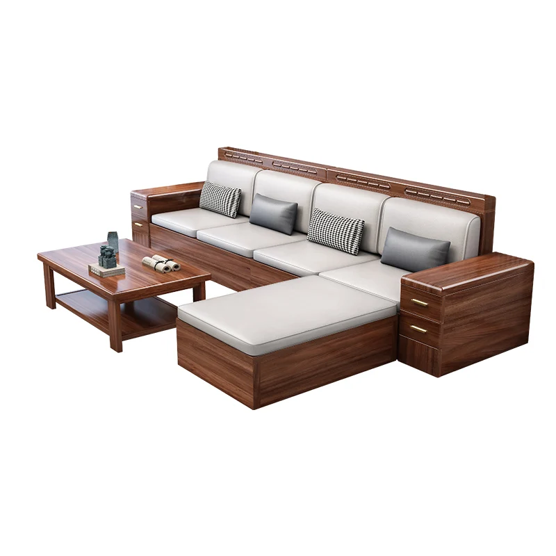 Walnut size apartment living room solid wood storage sofa new Chinese winter and summer dual-purpose straight row sofa