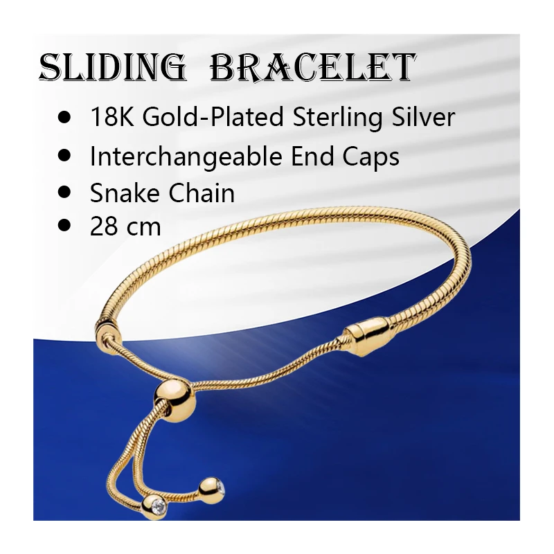 

18K Shine Gold Silver 925 Original Wrist Charm Bracelets For Women Jewelry Snake Chain Slider Clasp Interchangeable End Cap 28cm