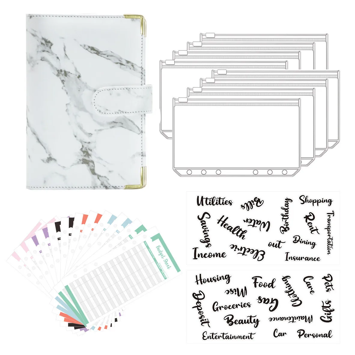 A6 PU Leather Notebook Binder Budget Planner Organizer 6 Ring Binder Cover 8 Binder Pockets And 12 Pieces Expense Budget Sheets