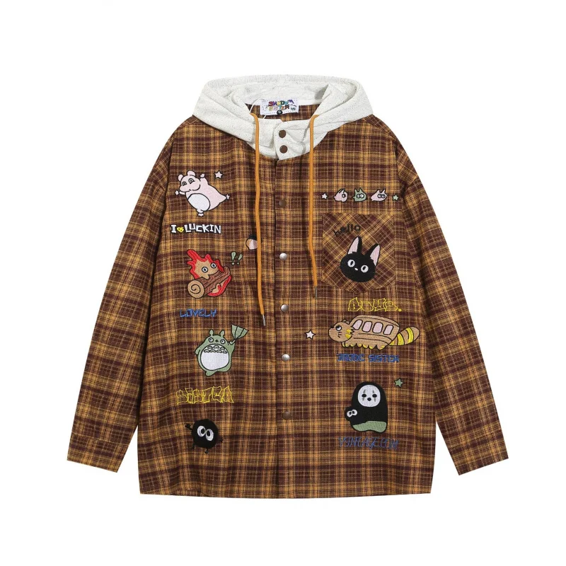 

MAQVOB Высокое качество ЕС США размер ретро мультфильм вышивка клетчатая рубашка с капюшоном унисекс свободная винтажная повседневная рубашка