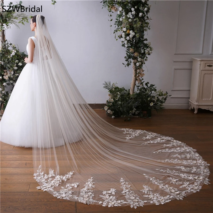 

New Arrival White Ivory Cathedral Wedding veils Lace Appliques Wedding accessories Velos de novia Voile mariage Bridal Veil