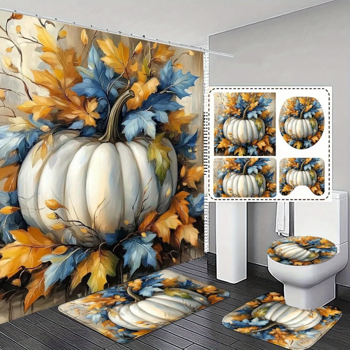

4 шт., осенний урожай, подарок на День Благодарения, набор занавесок для ванной комнаты с нескользящими ковриками для домашнего декора, тканевый материал белого цвета