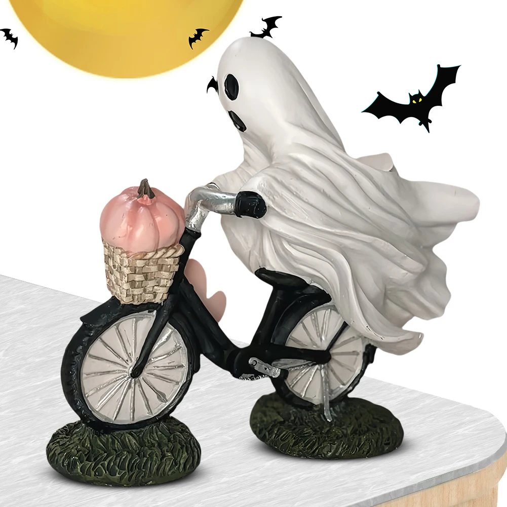 Spooky Ghost Rides with Pumpkin Goblin & Ghoul Ghost on Bicycle Pink Pumpkin Ghost Bike Rider with Pumpkin Halloween Decoration