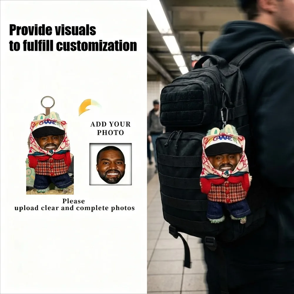 

Funny Kanye West Doll Keychain Hip Hop Layeye Figure Plaid Outfit Denim Jeans Pendant Car Bag Charm Stuffed Toy Gift for Fans