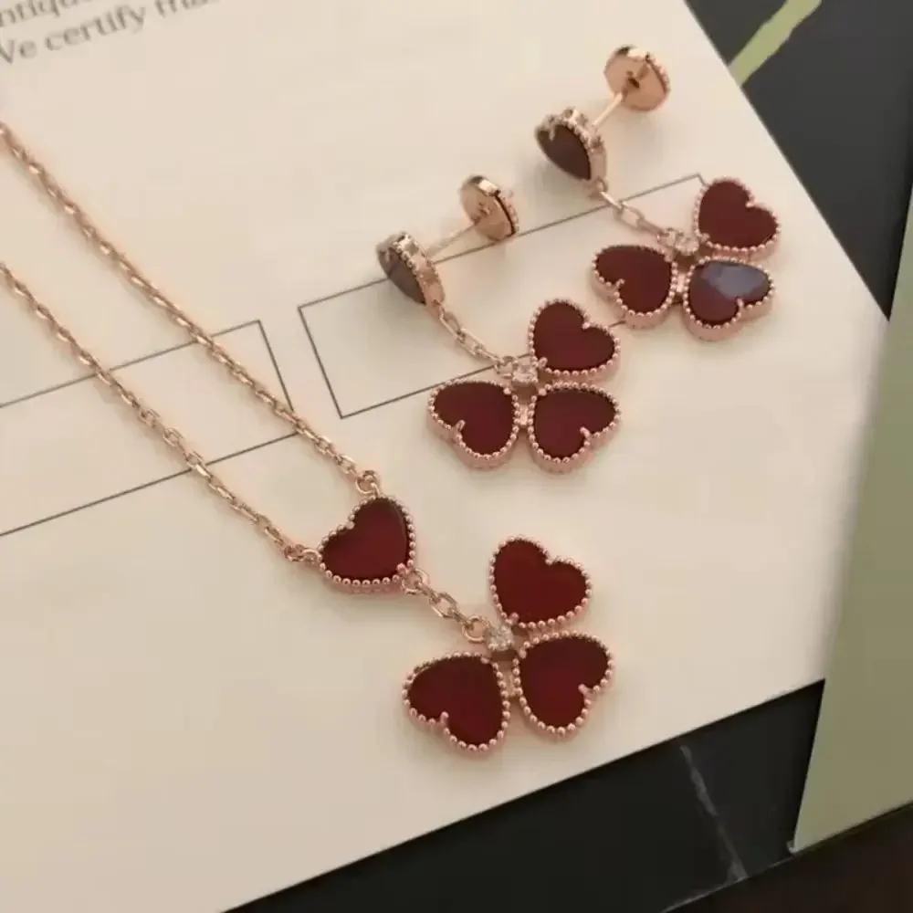 

925 sterling silver jewelry sets for women red agate earrings necklace luxurious brand exquisite 4 hearts gifts lucky collares