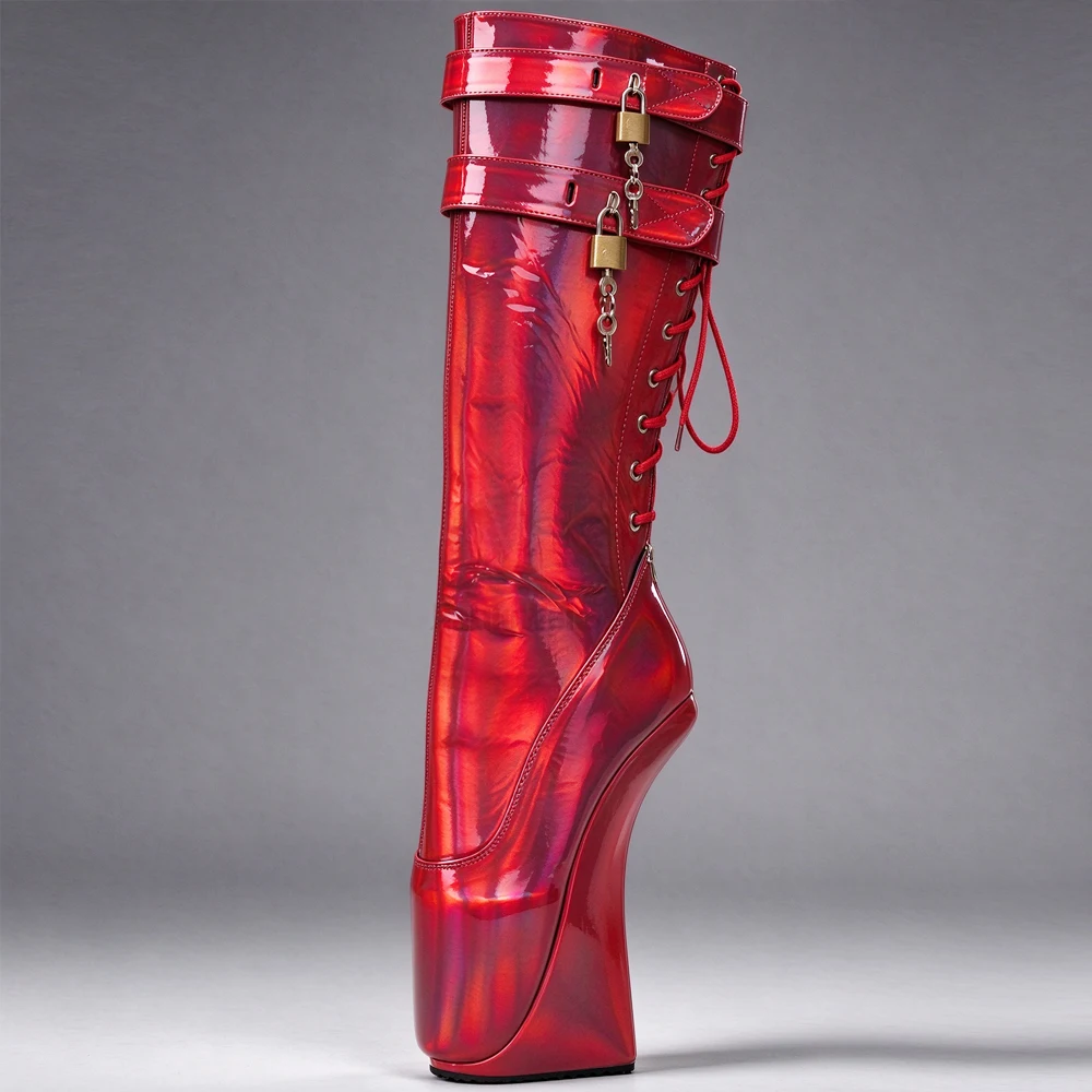 20CM Extreme High Heel Holographic Red Platform Ballet Wedge Boots Fetish Cosplay Lock Buckle Knee High Boots