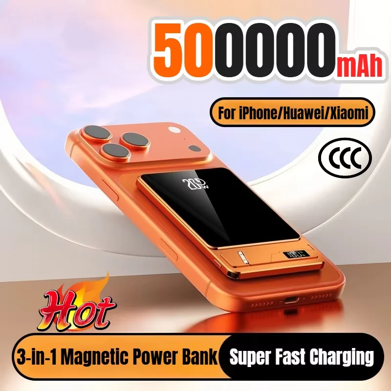 

Магнитный внешний аккумулятор емкостью 500000 мАч, тонкий PD20W, большая емкость, сверхбыстрая зарядка, беспроводная внешняя батарея для iPhone Huawei