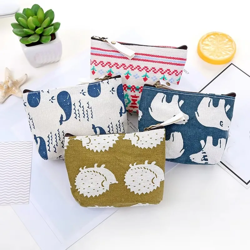 Womens Cartoon Cute Canvas Wallet Kids Coin Purse Small Triangle Headset Line Zipper Female Purses Card Bag Children Pouch