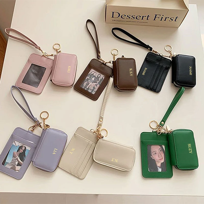 Luxury Fashion Woman DIY Name Coin Purse PU Leather Simple Engraving Card Bag Key Ring Wrist Wallet Portable ID Card Holder Gift