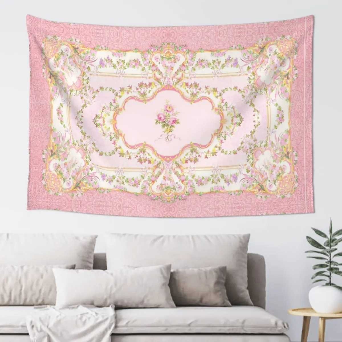 French Rococo Pink Floral Watercolor Panel Tapestry Art Wall Hanging Aesthetic Home Decoration Tapestries for Bedroom Dorm Room