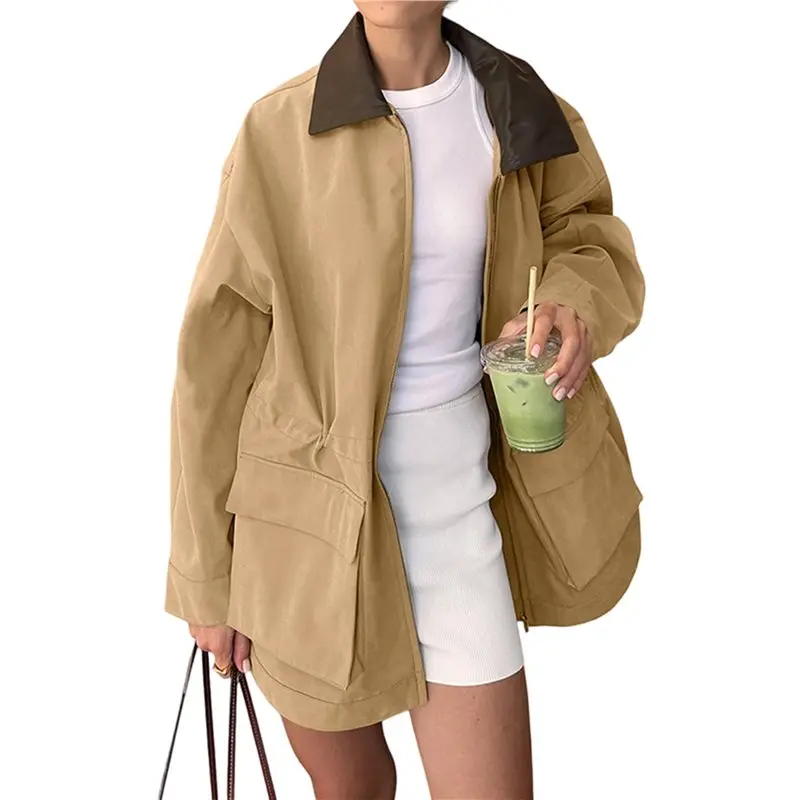 

ABRT-Female Oversized Fall Barn Jacket Zip Up Cotton Utility Jacket Casual Trench Coat