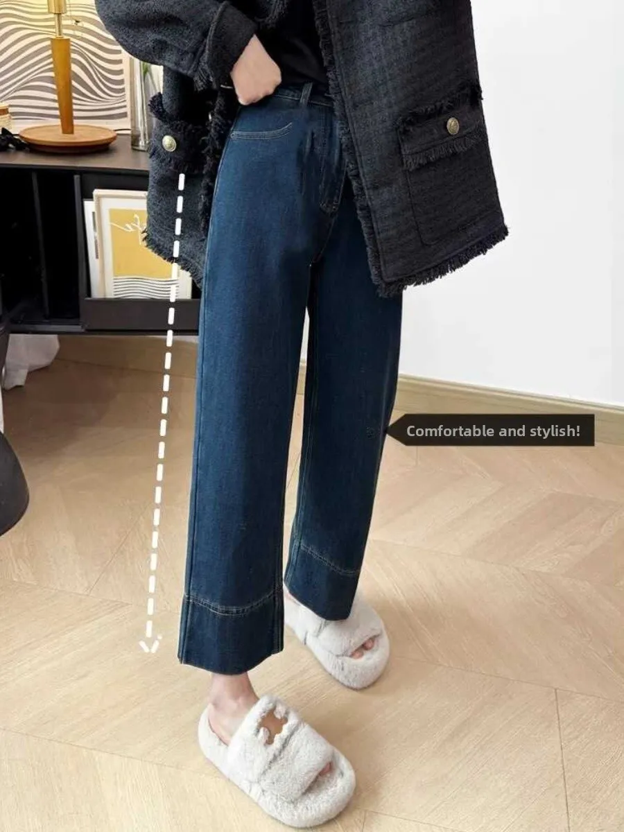 High Waist Straight Leg Jeans Women's Autumn Winter Slimming Versatile Nine Point Flared Pants Wide Leg Denim High Waist