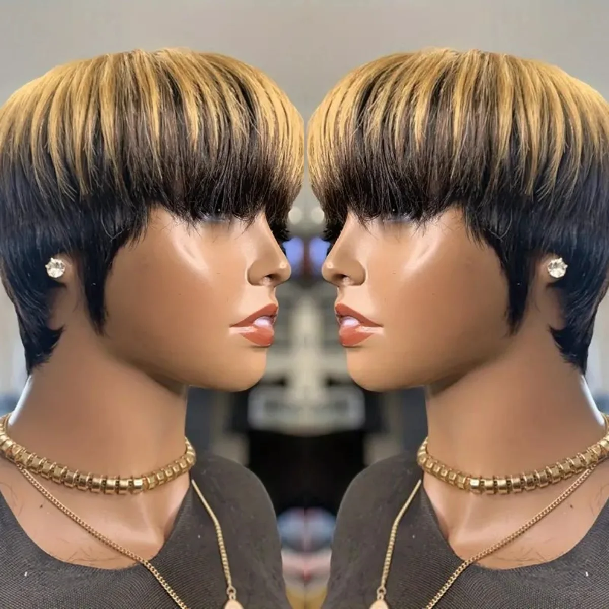 ﻿   픽시컷 가발 1B/27 옴브레 골드 여성용 100% 인모 숏 가발 기계식 제작