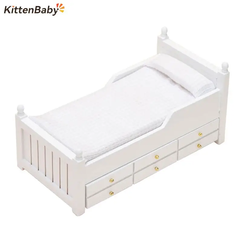 1:12 Dollhouse Miniature Bed White European Single Bed With Drawer Bedroom Furniture Model Decor Toy Doll House Accessories